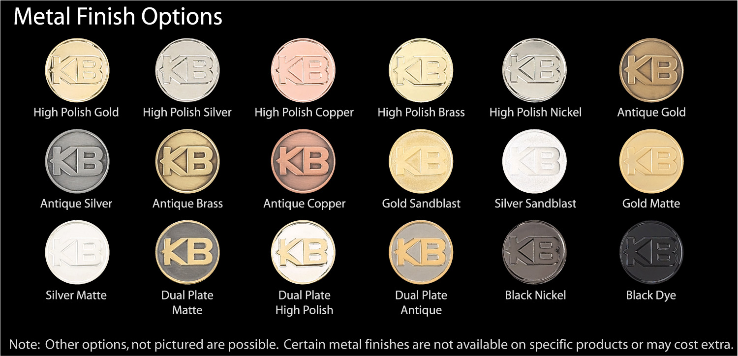 Available Metal Finishes for Pins, Coins and Keychains